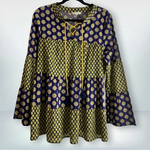 Earthbound Trading Co. Mixed Print Boho Tiered Cotton Navy Peasant Tunic, size M - Picture 12 of 12
